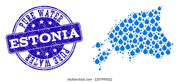 Map of Estonia vector mosaic and Pure Water grunge stamp. Map of Estonia formed with blue water tears. Seal with grunge rubber texture for pure drinking water.