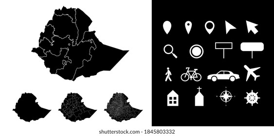 Map of Ethiopia administrative regions departments with icons. Map location pin, arrow, looking glass, signboard, man, bicycle, car, airplane, house. Royalty free outline Ethiopian vector map.