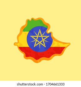 Map of Ethiopia colored with Ethiopian flag and marked with golden line in grunge vintage style.