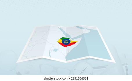 Map of Ethiopia with the flag of Ethiopia in the contour of the map on a trip abstract backdrop. Travel illustration.