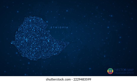 Map of Ethiopia modern design with polygonal shapes on dark blue background. Business wireframe mesh spheres from flying debris. Blue structure style vector illustration concept.