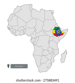 Map of Ethiopia with an official flag. Location on the continent of Africa