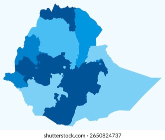 Mapa da Etiópia com regiões. Apenas um simples mapa de fronteira de país com divisão de região. Paleta de cores azul claro. Forma simples da República Democrática Federal da Etiópia com divisão administrativa.