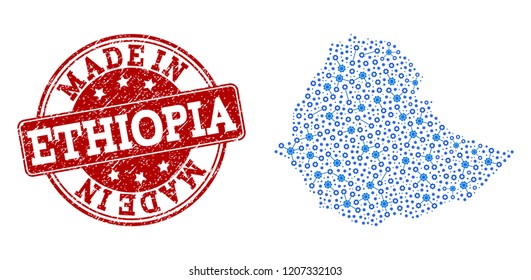 Map of Ethiopia vector mosaic and Made In grunge stamp. Map of Ethiopia created with blue wheel connections. Made in red seal with distress rubber texture.
