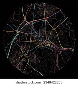 Map of Ettlingen, Baden-Wuerttemberg with all major and minor roads, railways and waterways. Colorful line art on black background.