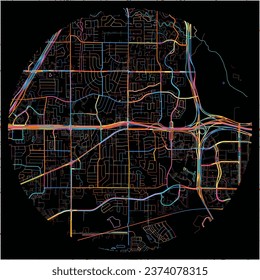 Map of Euless, Texas with all major and minor roads, railways and waterways. Colorful line art on black background.
