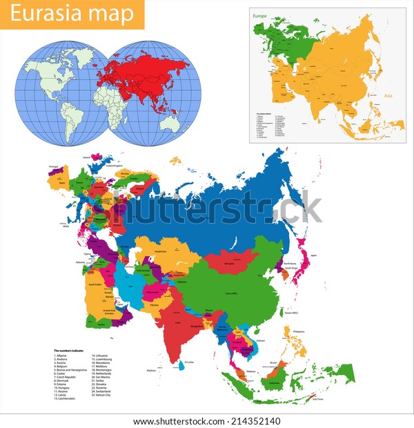 map of Eurasia drawn with high detail and\
accuracy. Eurasia is divided into countries which are colored with\
different bright colors