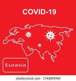 Mapa de Eurasia marcado como infección por COVID-19.
Mapa de esquema blanco de Eurasia sobre un fondo rojo. Ilustración vectorial de un virus, coronavirus, epidemiología.