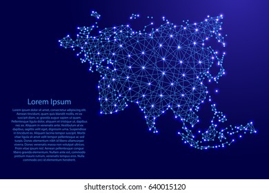 Map of Eurasia from polygonal blue lines and glowing stars vector illustration