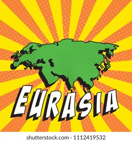 map of eurasia in retro comic style on background with halftone dots and radial lines