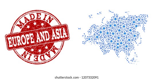 Map of Europe and Asia vector mosaic and Made In grunge stamp. Map of Europe and Asia composed with blue cog relations. Made in red seal with scratched rubber texture.