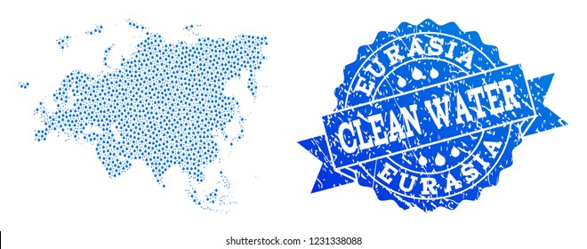 Map of Europe and Asia vector mosaic and clean water grunge stamp. Map of Europe and Asia composed with blue water drops. Seal with scratched rubber texture for natural drinking water.