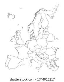 Map of Europe, black and white detailed outlines of countries.. Vector illustration