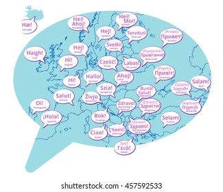 The map of the Europe in bubble talk and the words "Hi" in the languages of countries