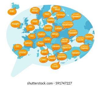 The map of the Europe in bubble talk and the words 