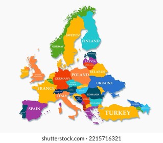 Map of Europe. Colored countries, cartography and geography. Continent and territorial integrity. Poster or banner for website. Teaching material, education. Cartoon flat vector illustration