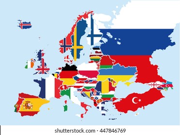 Map of Europe colored with the flags of each country