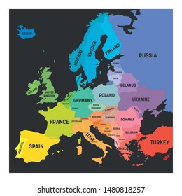 Map of Europe in colors of rainbow spectrum. With European countries names.