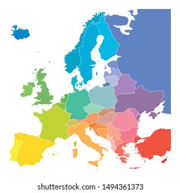 Karte Europas in den Farben des Regenbogenspektrums. Mit Namen europäischer Länder.