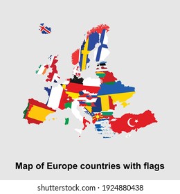 Map of Europe countries with flags isolated vector illustration