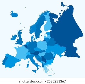 Map of Europe with countries. Just a simple continent border map with country division. Light blue color palette. Plain Europe shape with administrative division. Vector illustration.