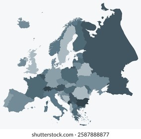 Map of Europe with countries. Just a simple continent border map with country division. Blue grey color palette. Flat Europe shape with administrative division. Vector illustration.