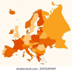 Map of Europe with countries. Just a simple continent border map with country division. Orange color palette. Plain Europe shape with administrative division. Vector illustration.