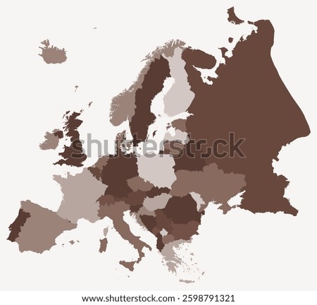 Map of Europe with countries. Just a simple continent border map with country division. Brown color palette. Blank Europe shape with administrative division. Vector illustration.