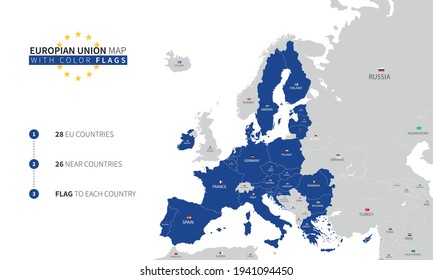 Map Of Europe With Country Borders. European Union Map With Countries Names And Flags. Eu Background Template. Vector Illustration