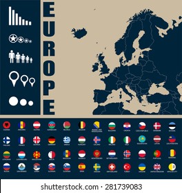 Map of Europe with country borders and flag icons - vector infographic 