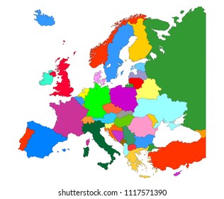Map of Europe  with country borders isolate on white background