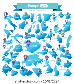 Map of Europe. Country. flag pointer. vector Illustration.