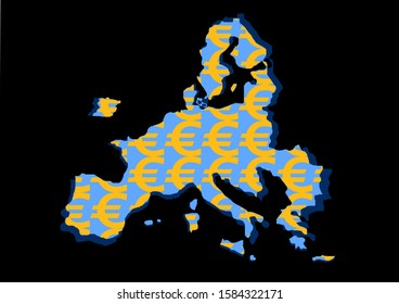 Map of europe with euro logo pattern on black background