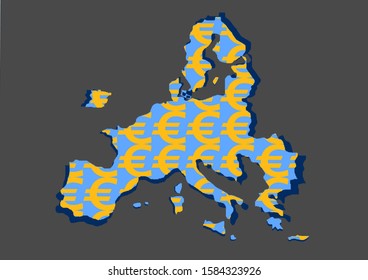 Map of europe with euro logo pattern on grey background