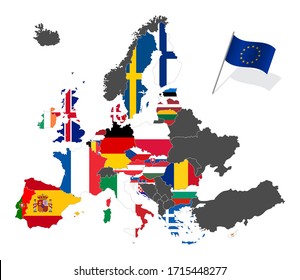 Map of Europe with the European Union member states flags before Brexit. Vector illustration isolated on white background