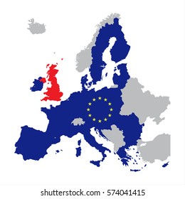 Map of Europe with European Union members and red Great Britain / United Kingdom, vector illustration of brexit