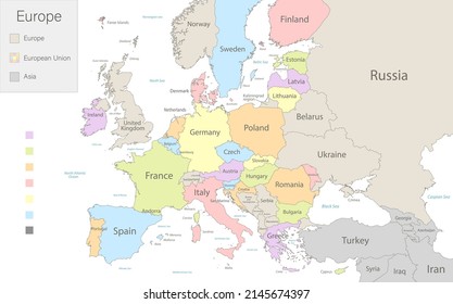 Map of Europe with European Union and parts of Asia divided to separates states vector