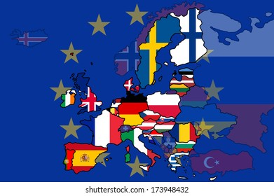 A map of Europe with the European Union states highlighted and non-member states have their opacity lowered. Also has the EU flag as a background.