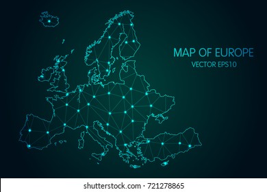 Map Of Europe - With Glowing Point And Lines Scales On The Dark Gradient Background, 3D Mesh Polygonal Network Connections.Vector Illustration Eps 10.