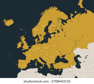 Map of Europe in Gold and Black, vector illustration isolated, eps