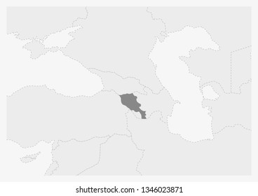 Map of Europe with highlighted Armenia map, gray map of Armenia with neighboring countries