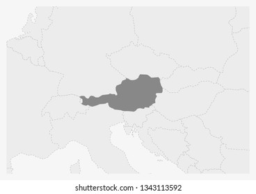 Map of Europe with highlighted Austria map, gray map of Austria with neighboring countries