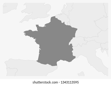 Map of Europe with highlighted France map, gray map of France with neighboring countries