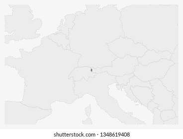 Map of Europe with highlighted Liechtenstein map, gray map of Liechtenstein with neighboring countries