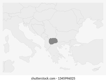 Map of Europe with highlighted Macedonia map, gray map of Macedonia with neighboring countries