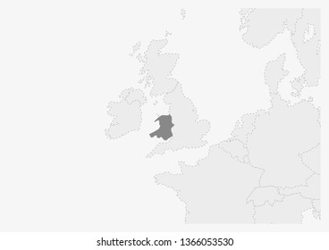 Map of Europe with highlighted Wales map, gray map of Wales with neighboring countries