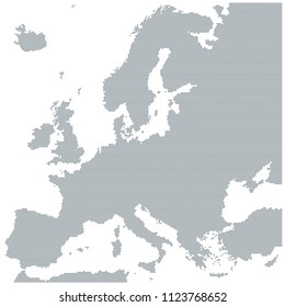 Map of Europe made of gray dots. Dotted silhouette, outline and surface of Europe and the surrounded regions. Dots in a row. Isolated illustration on white background. Vector.