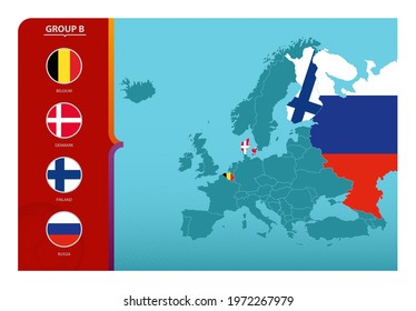Map of Europe with marked maps of countries participating in group B of the European football tournament 2020. Flags icon of group B.