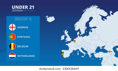 Mapa de Europa con mapas marcados de los países participantes en el grupo A del torneo de fútbol europeo Sub 21 2023. Icono de marcas del grupo A.