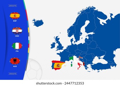 Map of Europe with marked maps of countries participating in group B of the European football tournament. Flags icon of group B.